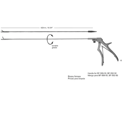 Technical drawing of ASI-1316 Biopsy Forceps with a 420mm shaft, 3.5mm jaw size, and ergonomic handle.