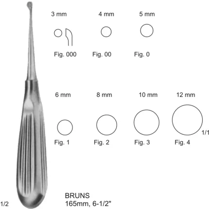 Stainless steel Bruns Malleable Surgical Curette next to a chart showing available tip size figures.