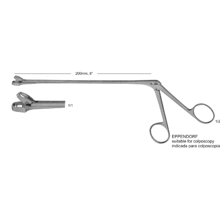 EPPENDORF biopsy forceps for rectum 200mm 8 A side-view technical diagram of the Eppendorf Biopsy Forceps (ASI-1307), showing its 200mm (8-inch) shaft length, scissor-style handle, and a close-up inset of the small cupped jaws used for colposcopy procedures.
