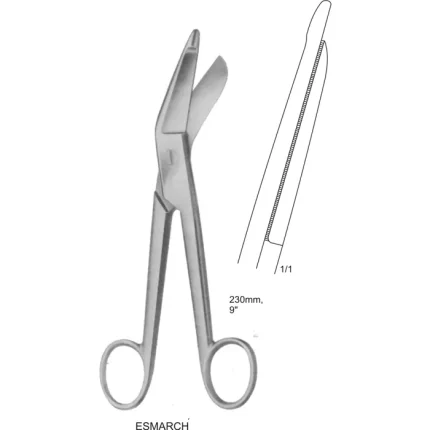 A pair of stainless steel Esmarch scissors with curved blades and ring handles on a white background.