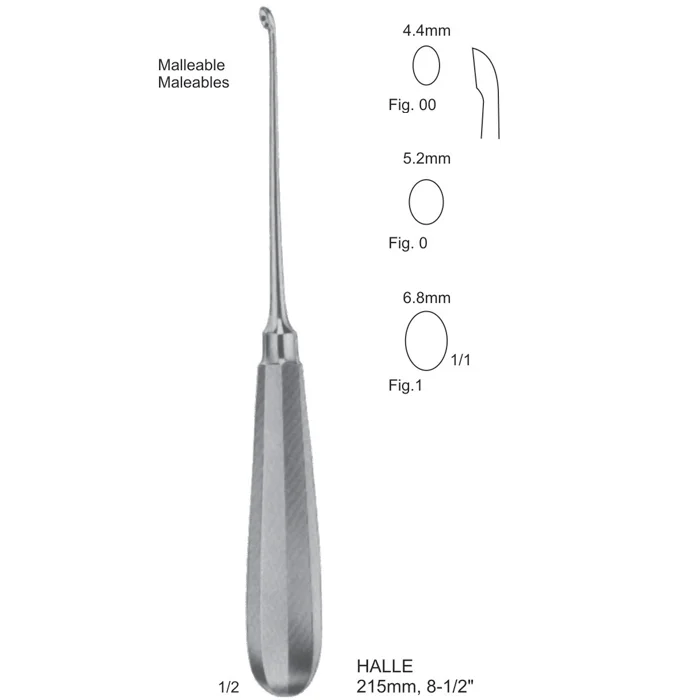 Halle malleable bone curettes 215 8-1-2 A 215mm Halle Malleable Bone Curette with a silver handle, malleable shaft, and a diagram showing 4.4mm, 5.2mm, and 6.8mm tips.