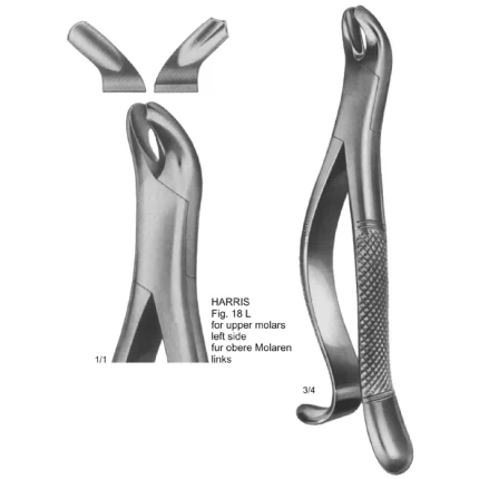 Harris Tooth Extracting Forceps Fig.18L American Pattern for upper left molars, German stainless steel with matte finish