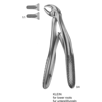 ASI-2163 Klein Lower Root Extraction Forceps made of stainless steel with a dull matte finish for pediatric dentistry.
