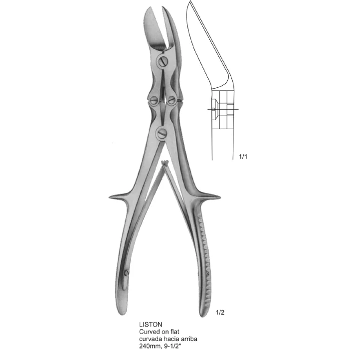 LISTON bone cuttiing forceps curved on flat 240mm, 9-1-2 Liston Bone Cutting Forceps, curved on flat, 240mm (9.5 inches) surgical instrument.
