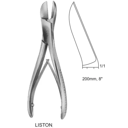 Curved Liston bone cutting forceps surgical instrument, 200mm 8 inches, for orthopedic surgery.