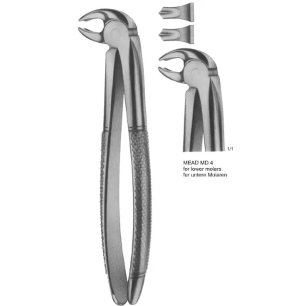 ASI-2140 MEAD MD 4 Universal Tooth Extraction Forceps for lower molars with serrated beaks and textured handle grip