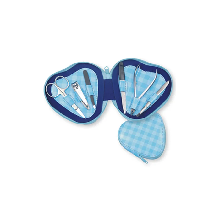 Manicure & Pedicure Set with Blue Checkered Heart-Shaped Case