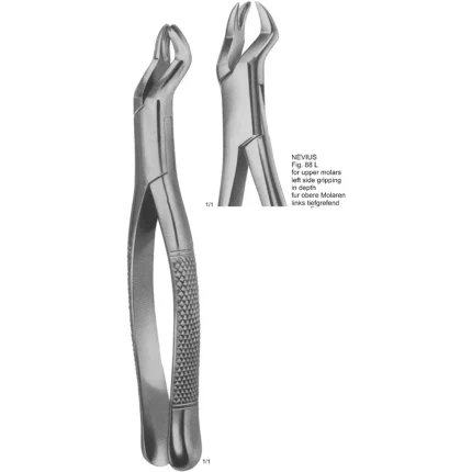 Nevius Tooth Extracting Forceps (American Pattern) for upper molars left side with matte stainless steel finish