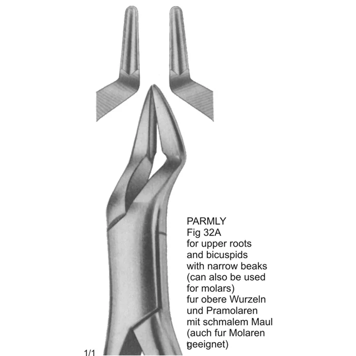 Parmly Tooth Extracting Forceps (American Pattern) for upper roots Parmly Tooth Extracting Forceps (ASI-2185) with narrow beaks for upper roots.