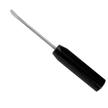 Small orthopedic elevator tool with a black handle and a thin, slightly curved metal blade.