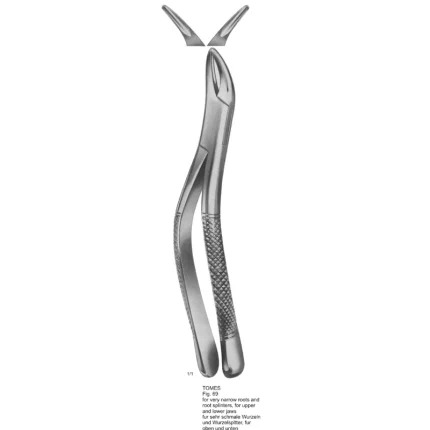 ASI-2180 Tomes Tooth Extracting Forceps Fig. 69 with fine, slim beaks and a dull matte stainless steel finish for narrow root extractions.