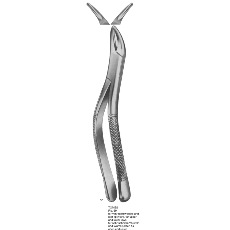 TOMES Tooth Extracting Forceps (American Pattern) ASI-2180 Tomes Tooth Extracting Forceps Fig. 69 with fine, slim beaks and a dull matte stainless steel finish for narrow root extractions.