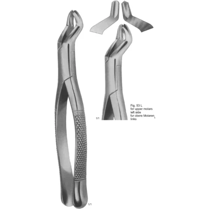 ASI-2177 American pattern tooth extracting forceps for upper molars left side made of stainless steel with non-glare finish