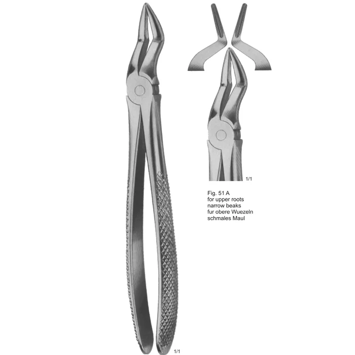 Tooth Extraction Forceps Fig. 51A for Upper roots narrow beaks ASI-2148 English pattern tooth extracting forceps Fig. 51A with narrow beaks for upper roots