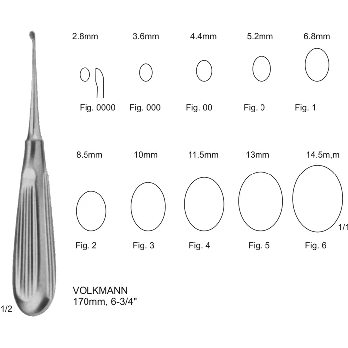 VOLKAMANN bone curettes An infographic chart of Volkmann bone curettes showing a sturdy handle instrument alongside tip sizes ranging from Fig 0000 to Fig 6.