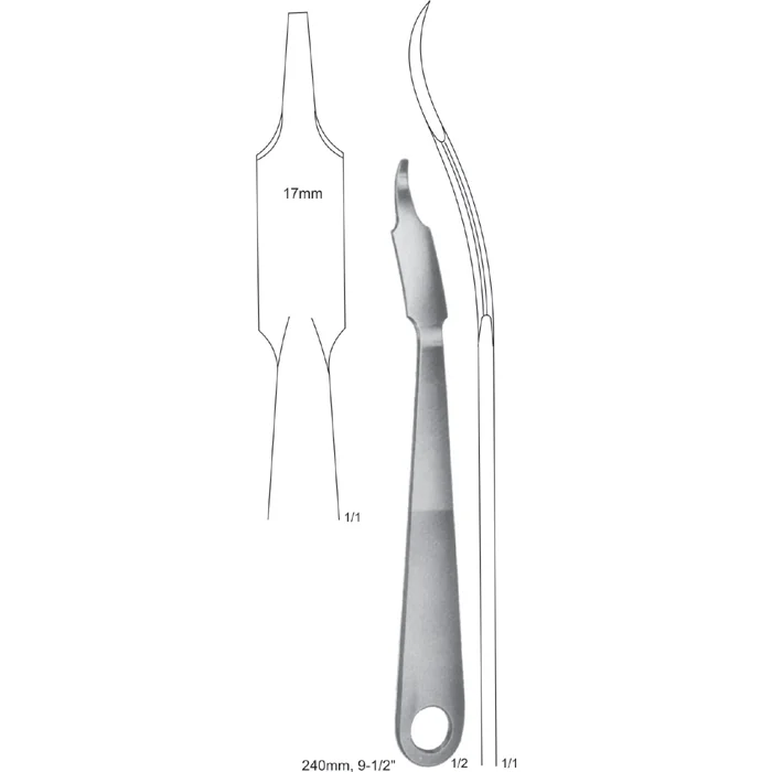 bone lever 240mm 9-1-2 Orthopedic bone lever surgical instrument with a 17mm curved blade and ergonomic single-hole handle.