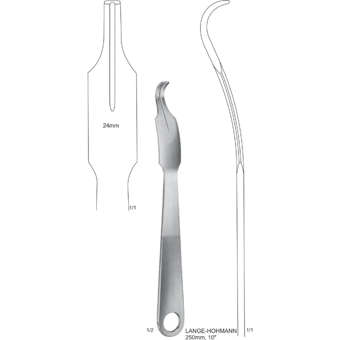 lange hohmann bone lever 250mm 10 Sturdy stainless steel Lange-Hohmann bone lever orthopedic retractor instrument featuring a curved 24mm wide blade and ergonomic handle.