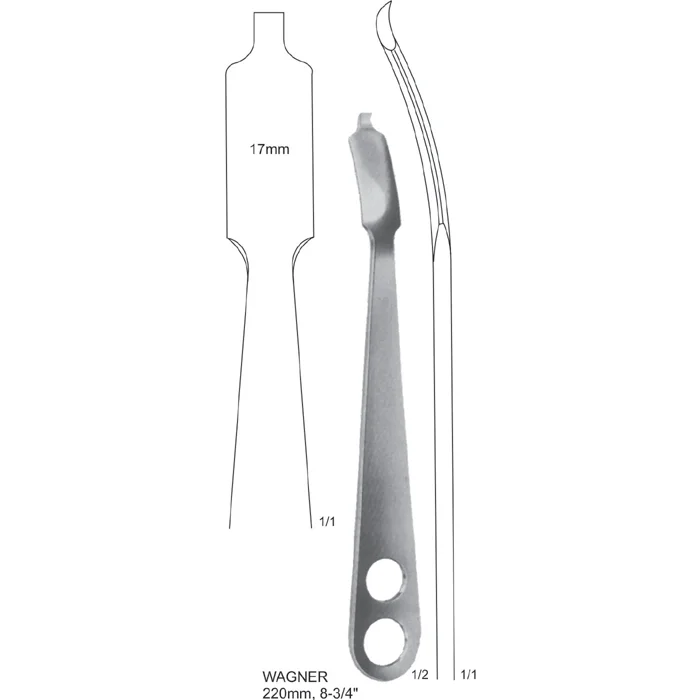 wagner bone lever 220mm 8-3-4 ASI-1444 Wagner Bone Lever 220mm orthopedic retractor tool with curved blade and two handle holes, manufactured by Aero Surgical Sialkot.